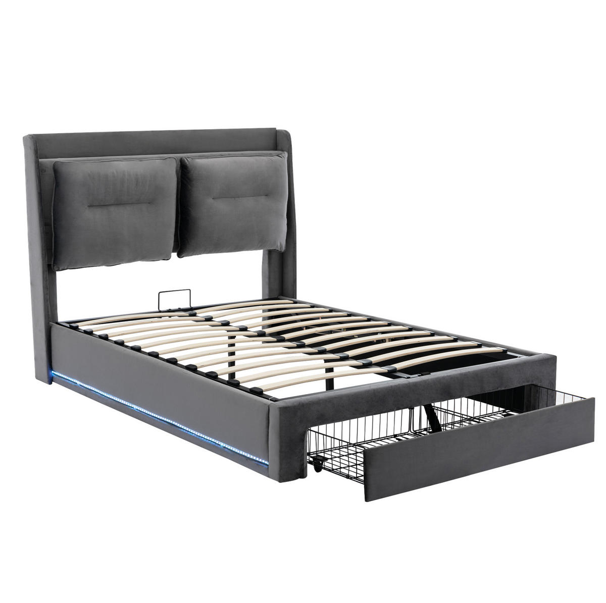 POLSTERBETT aus Samt 140x190 cm Dunkelgrau mit LED-Beleuchtung, hydraulischem Bettkasten und 2-in-1-Schublade - Dunkelgrau, Textil (140/190cm) - Modfu