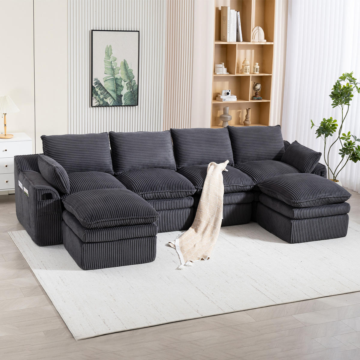 WOHNLANDSCHAFT Cord Dunkelgrau mit Kissen, Hocker und Seitentaschen - Dunkelgrau, Textil (335/85/167cm) - WISHDOR