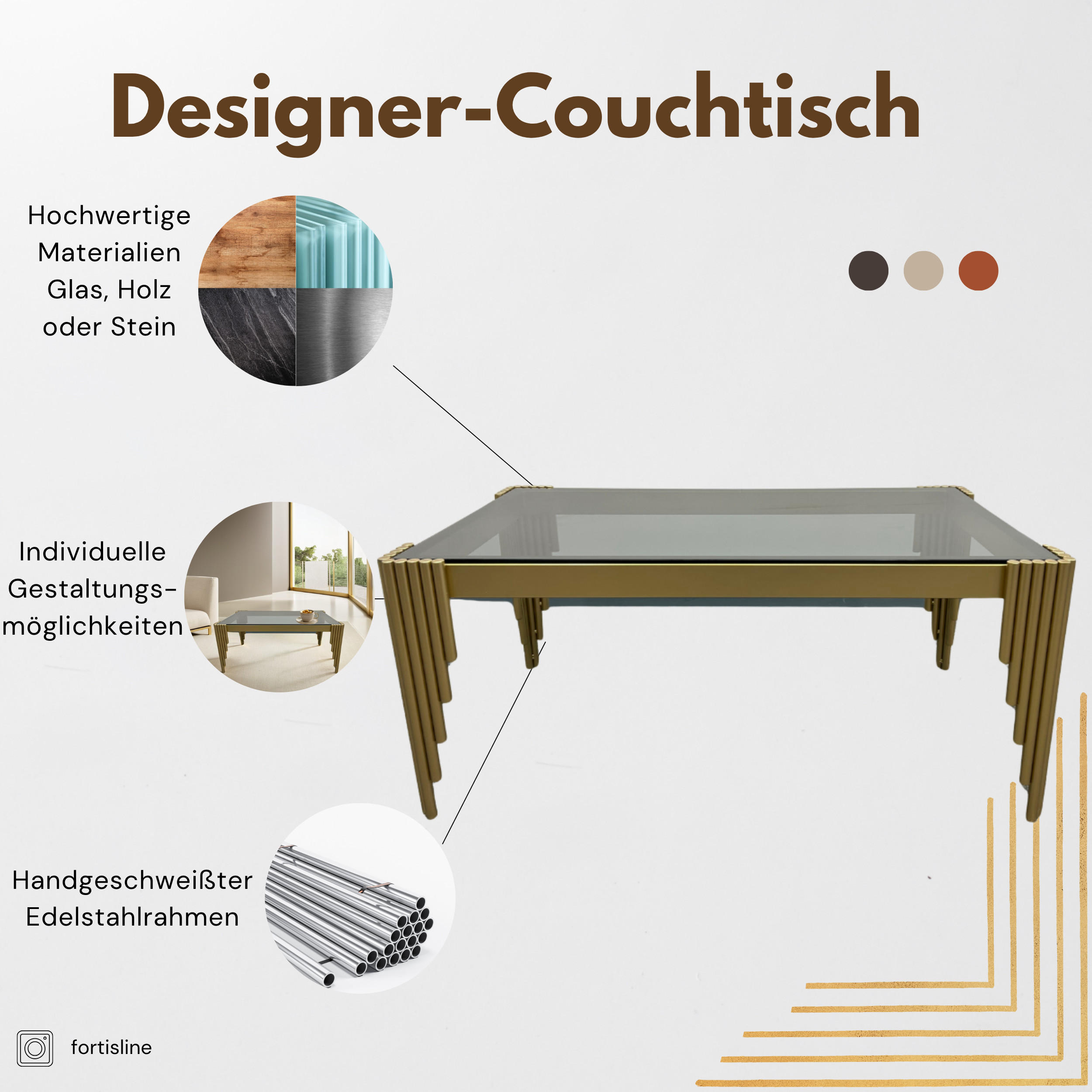DESIGNER-COUCHTISCH – Rechteckiger mit goldfarbenem Edelstahlgestell und gehärteter Glasplatte - Goldfarben, Metall (120/60/40cm) - Fortisline