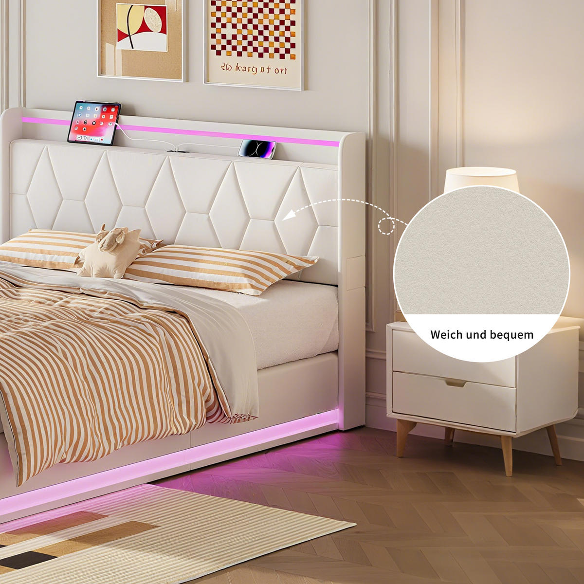 POLSTERBETT 160x200 cm, Doppelbett mit LED, Weiß Samt - Weiß, Metall (160/200cm)