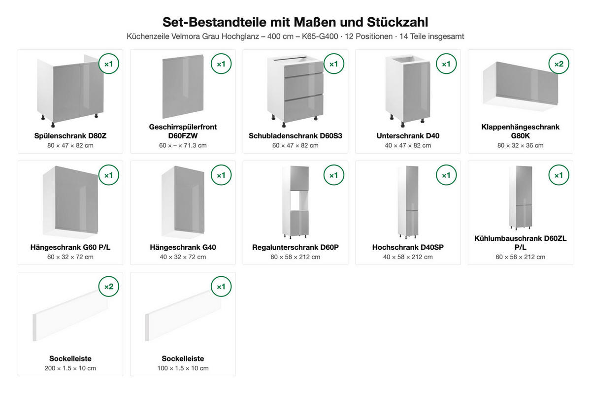 KÜCHENZEILE – 240 cm – K65-G400 – Velmora – Grau – ohne E-Geräte - Grau, Holz (400/212/58cm) - ROYAL24_MARKT