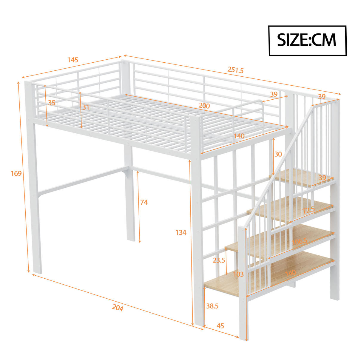 HOCHBETT 140/200 cm Weiß mit Stauraum und Treppe aus Metall und Holz - Weiß, Metall (140/200cm) - OKWISH