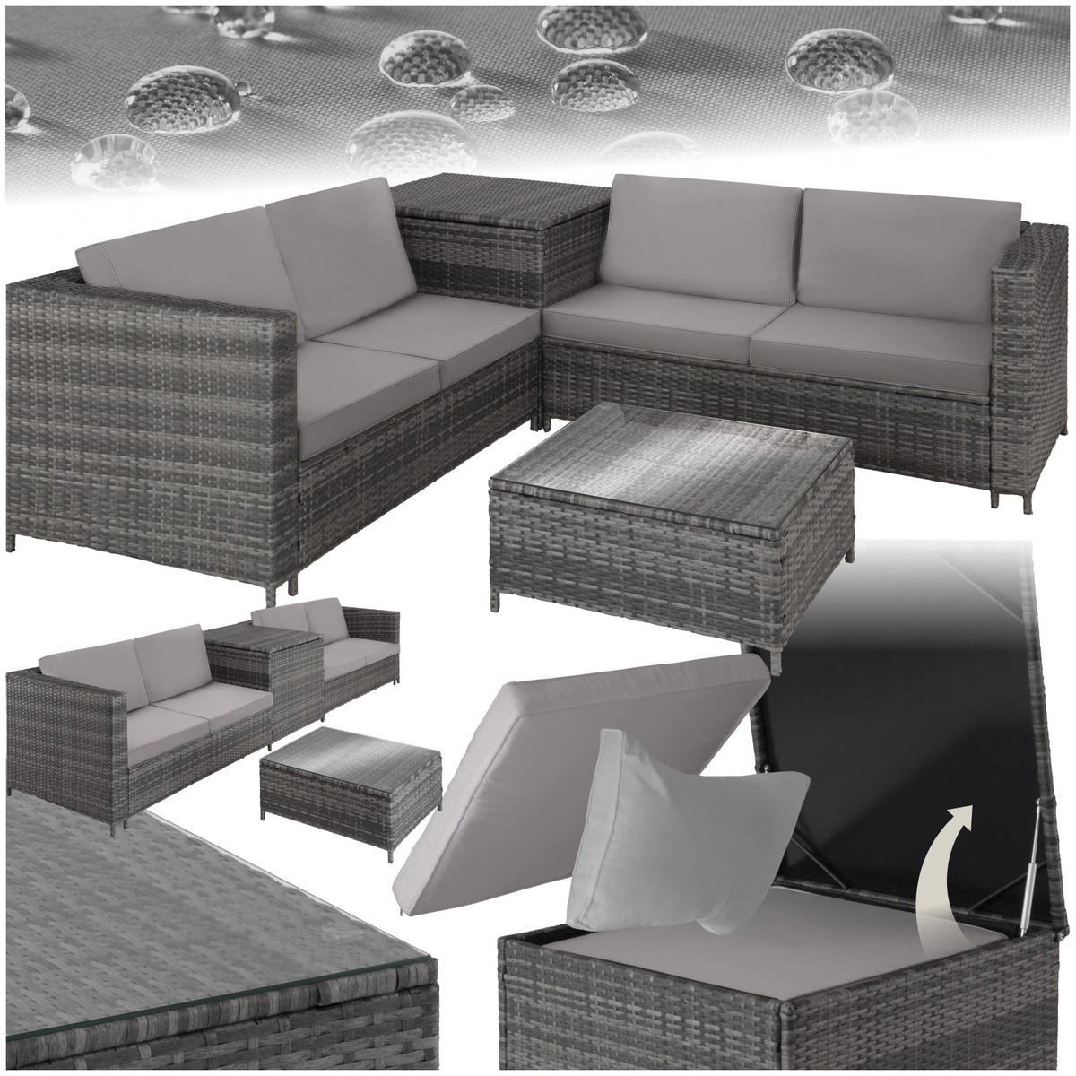 RATTANLOUNGE Siena,mit Sicherheitsglasplatte,grau/hellgrau - Grau, Kunststoff - tectake