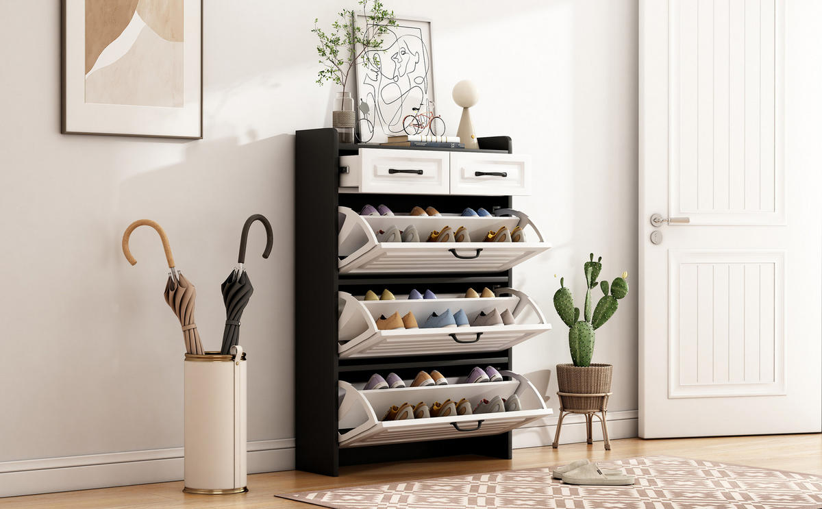 SCHUHKOMMODE mit 3 Klappen und 2 Schubladen, Spanplatte, 80/23,5/131 cm, Weiß/Schwarz - Schwarz, Holzwerkstoff (23.5/131/80cm) - Redom