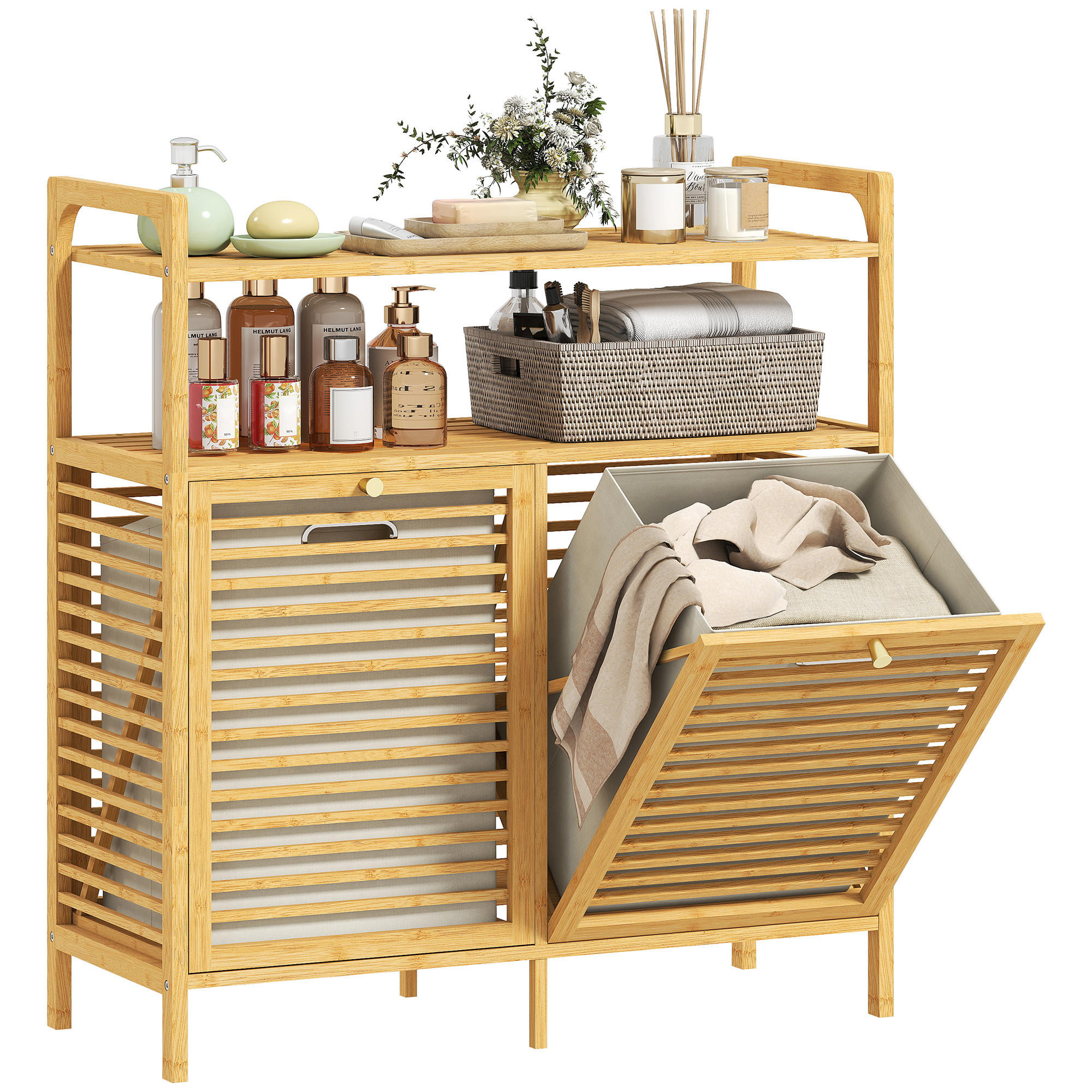 WÄSCHEREGAL DE-10375 mit 2 Wäschekörben Naturholz - Naturfarben, Naturmaterialien (82/88/33cm) - ComfortXL