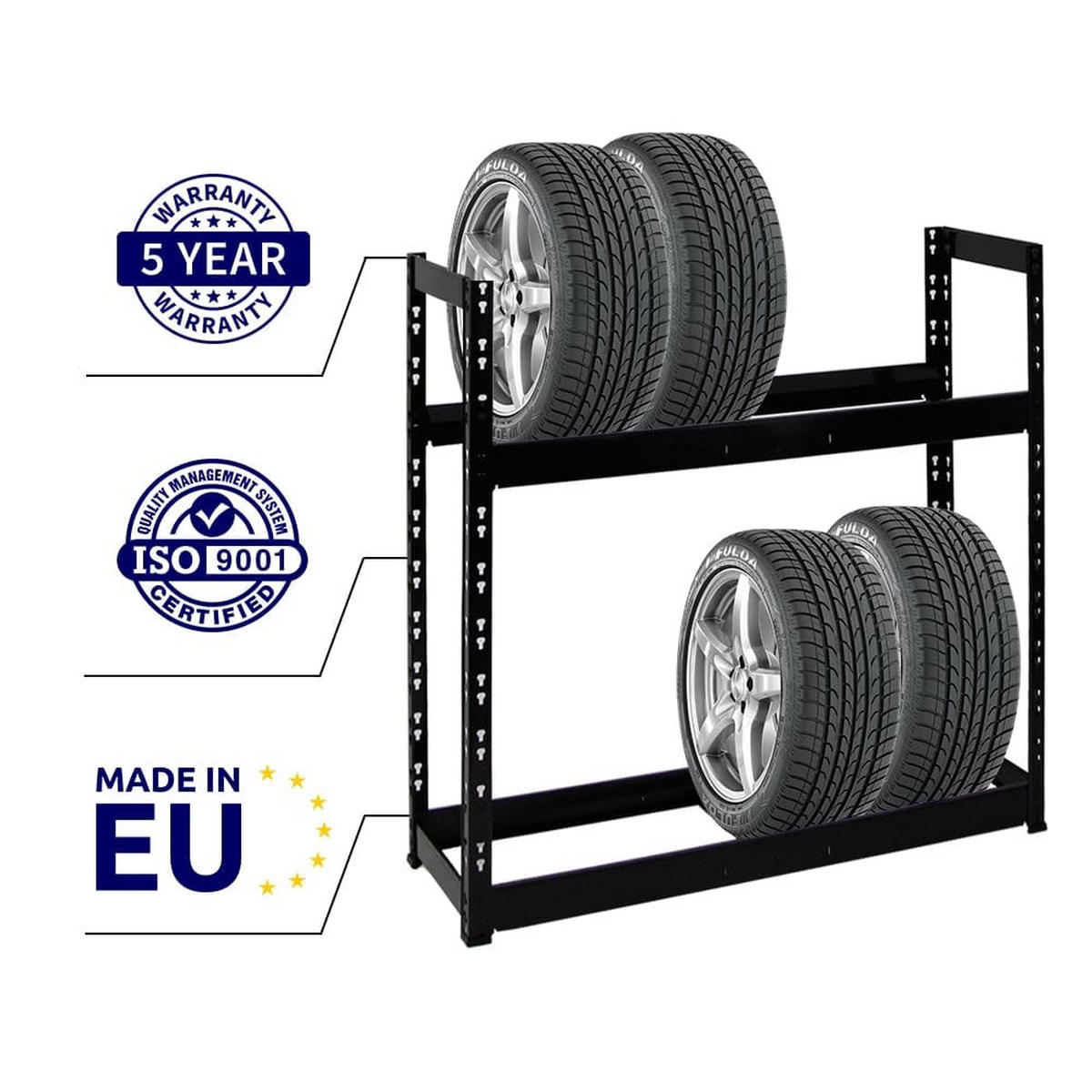 REIFENREGAL Tiger 2er-Set mit 2x 100x110x35 cm 150 kg Fachlast bis zu 16 Reifen mit Ebenen Schwarz - Schwarz, Metall (220/100/35cm) - PROREGAL