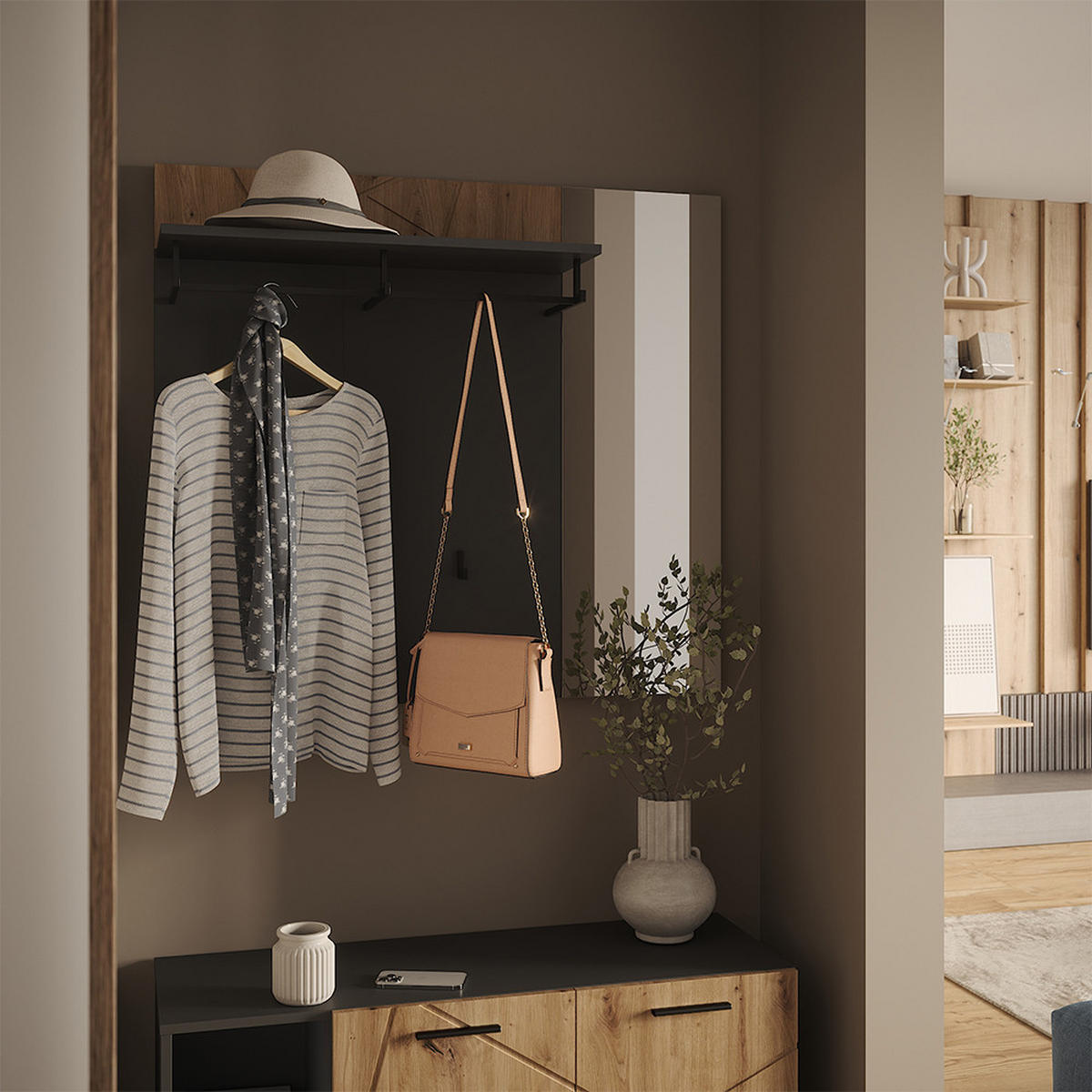 WANDGARDEROBE Irma Anthrazit/Artisan 106 x 95.8 cm mit Spiegel - Anthrazit, Holzwerkstoff (106/95.8/27cm) - Vicco