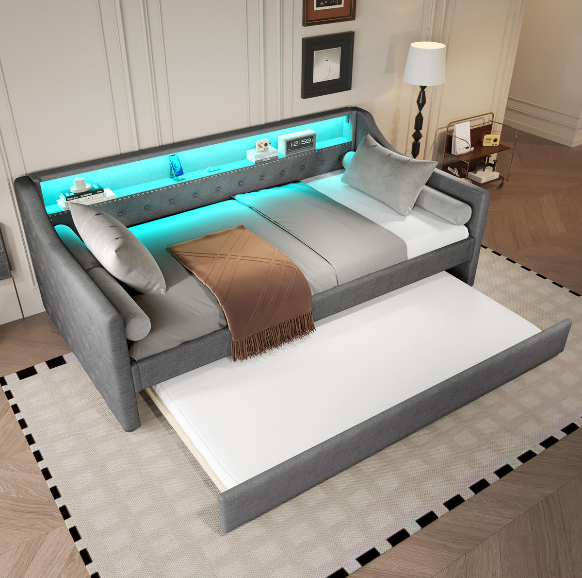 POLSTERBETT 90/200 cm Grau mit LED-Beleuchtung und USB-Anschlüssen - Grau, Textil (90/200cm) - Flora Grace