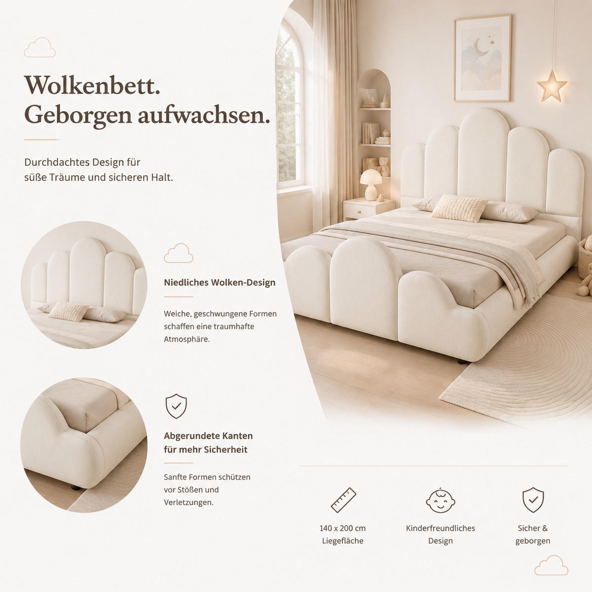 POLSTERBETT 140/200 cm in Beige mit Bettkasten, abgerundeten Ecken und wolkenförmigem Design aus Samt - Beige/Schwarz, Holzwerkstoff/Textil (140/200cm) - STILVORA
