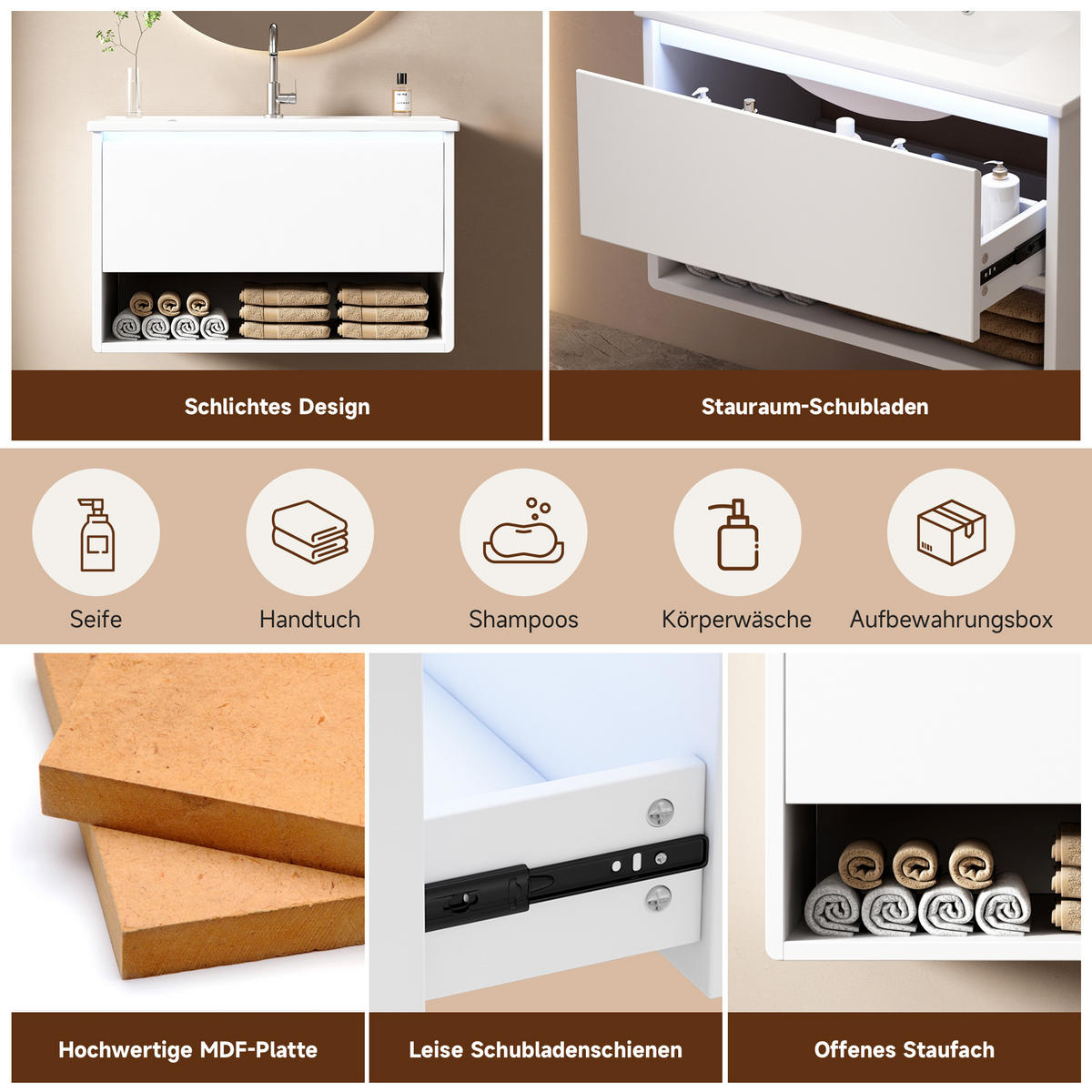 WASCHTISCHUNTERSCHRANK 76,5×46×45 cm, weiß, wandhängend, lackiert, mit LED-Bewegungssensor, 1 Schublade, offenem Fach, leisen Schienen, Waschbecken - Weiß, Holzwerkstoff (46/45/76cm) - Ej. Life