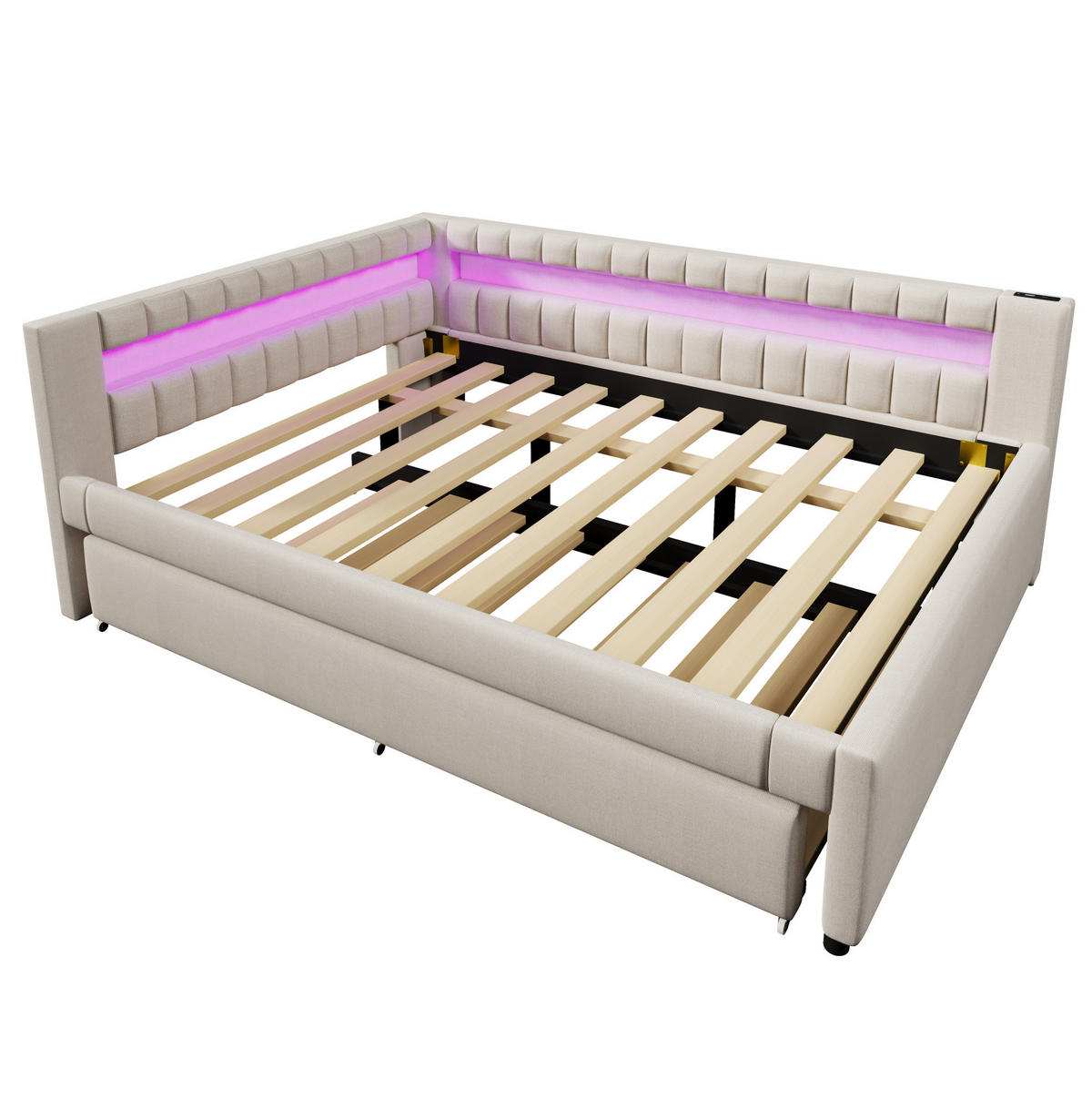 POLSTERBETT mit LED-Beleuchtung 140/200 cm mit Ausziehbett in Beige - Beige, Textil (140/200cm) - BEAOK