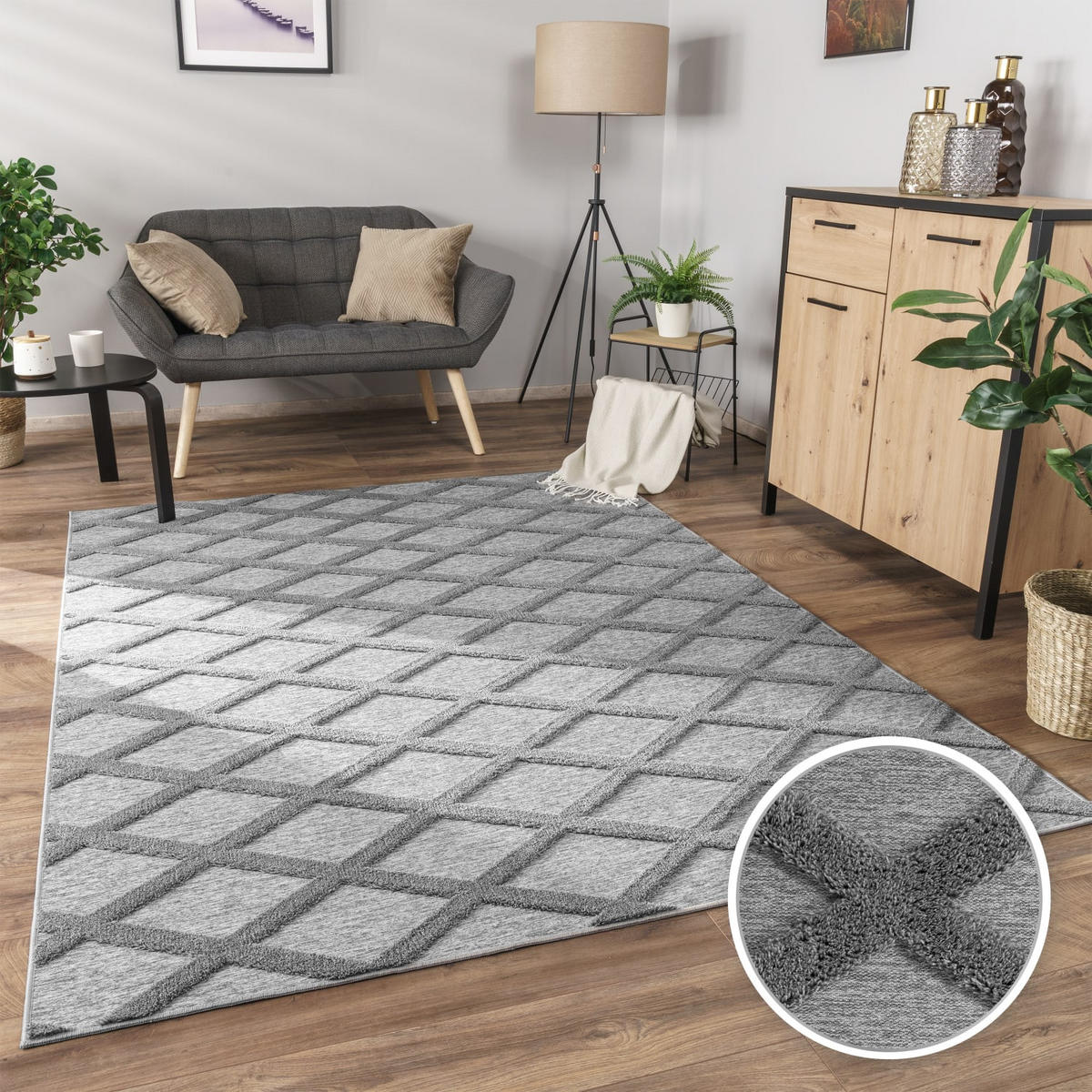 KURZFLORTEPPICH Waschbar, mit Rautenmuster, Grau, 160 x 220 cm - Grau, Textil (160/220cm) - KADIMA DESIGN