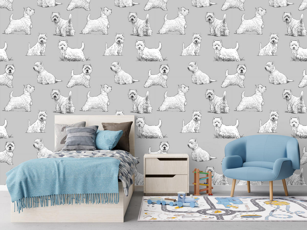 VLIESTAPETE Westie-Hunde – Grau, Weiß – 50x1000 cm - Weiß/Grau, Papier (50/1000cm) - Muralo