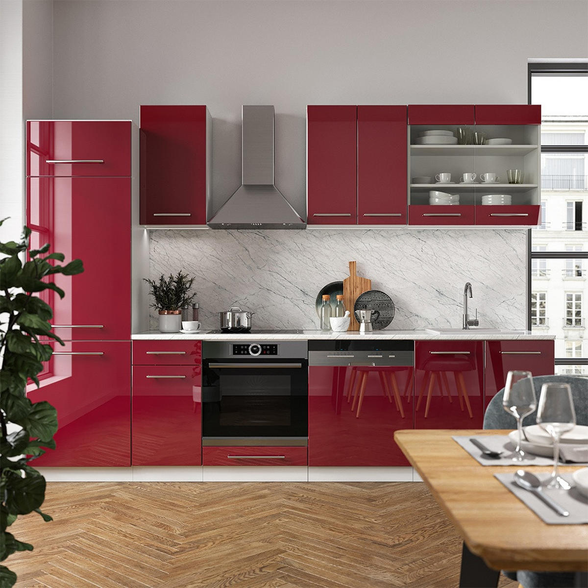 KUHINJSKI BLOK Fame-Line Bordeaux visok sijaj/bela 300 cm , DP Antracit - bela/bordo, leseni material (300/206.8/60cm) - Vicco