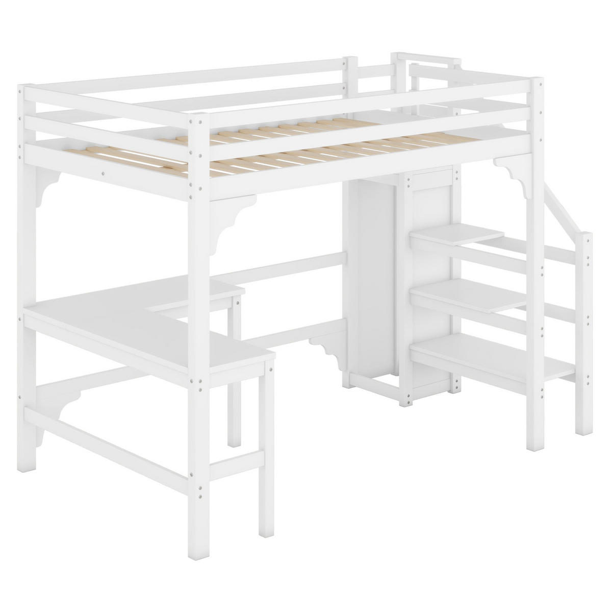 HOCHBETT 140/200 cm in Weiß mit Schreibtisch und offenem Kleiderschrank - Weiß, Holz (140/200cm) - Flora Grace