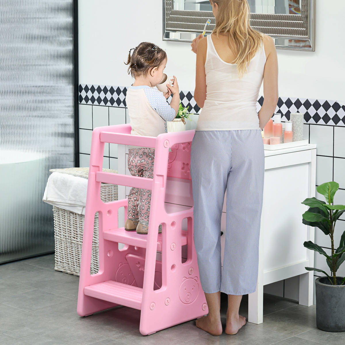 KINDER-TRITTHOCKER, Rosa, HDPE - Rosa, Kunststoff (47/90/47cm) - HOMCOM