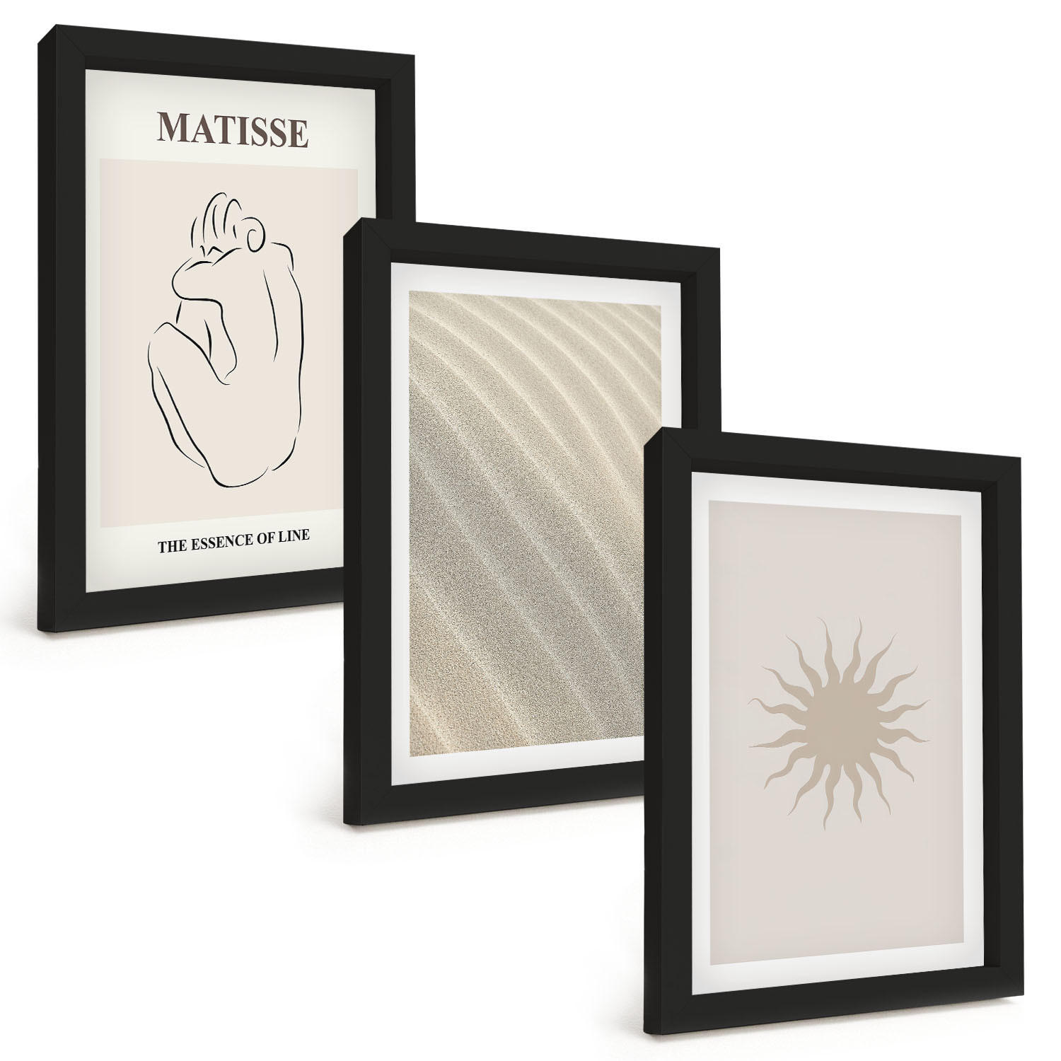 BILDER SET 3er Set - 20x30 cm Schwarzer Rahmen - Minimalistische Sandlinien Sonne - Schwarz, Kunststoff (20/30cm) - TULUP