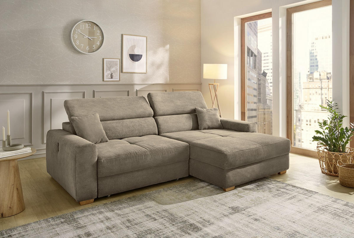 ECKSOFA mit elektrischer Sitztiefenverstellung, Kopflehnen verstellbar, USB-A und USB-C Ladefunktion B277/T187/H109 cm, Cord Braun Taupe / 15401 - Taupe/Eichefarben, Eichenholz/Textil (277/187cm) - luma-home
