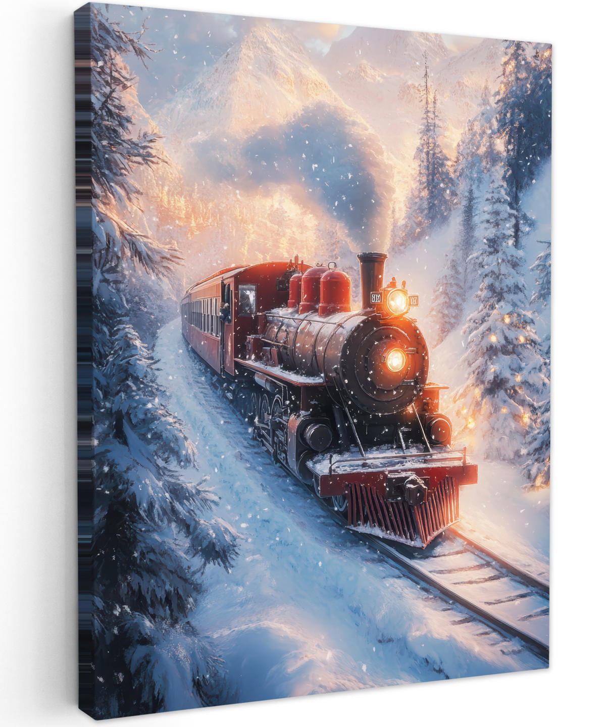LEINWANDBILD Weihnachtszug - Schnee - Winter - Weihnachten 60x80 cm - Dunkelrot, Textil (60/80cm) - MuchoWow