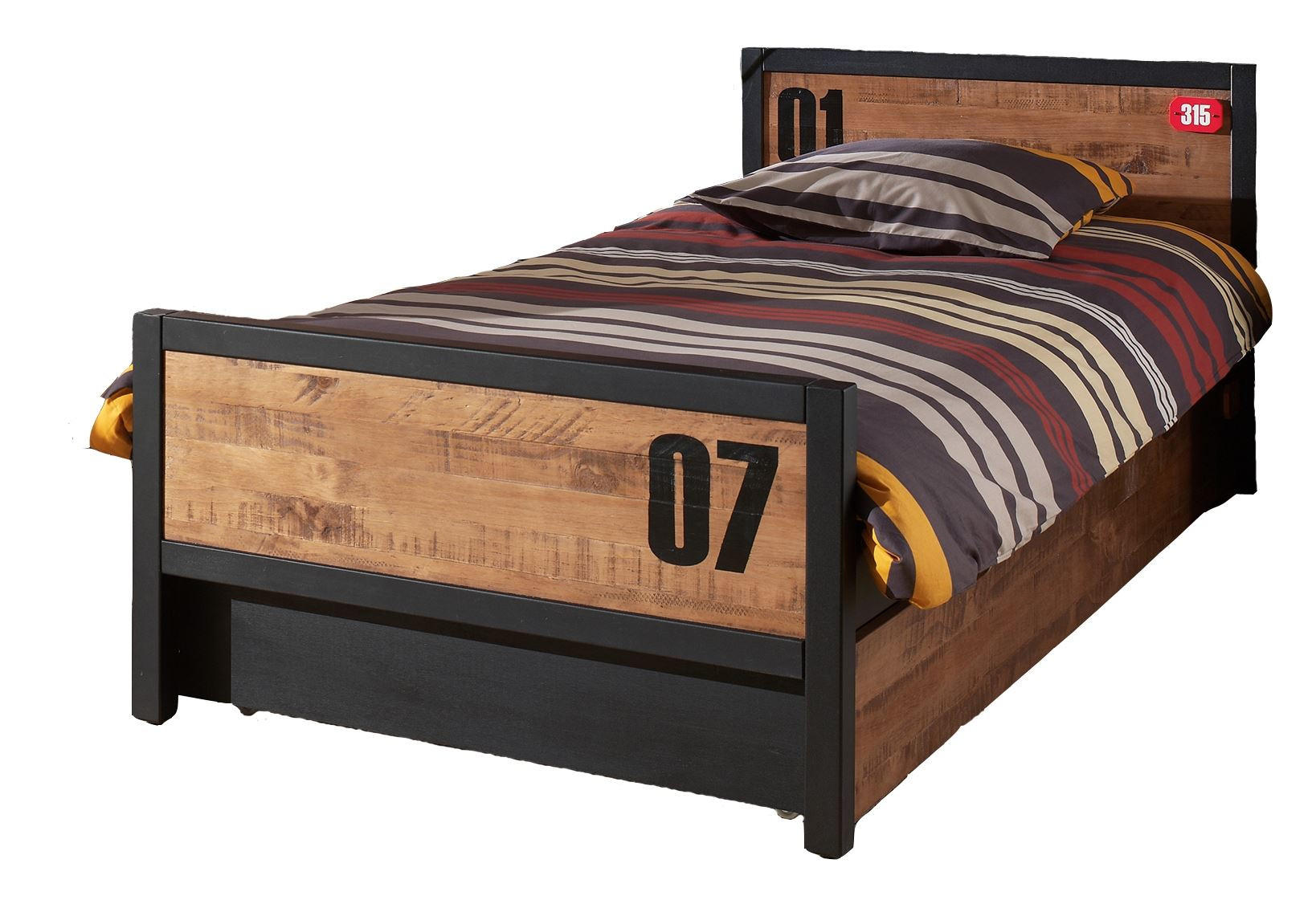 EINZELBETT Kameko 209x75x97 aus Massivholz+MDF in Schwarz/Natur - Cognac/Schwarz, Holz (90/200cm) - 58aufmkessel