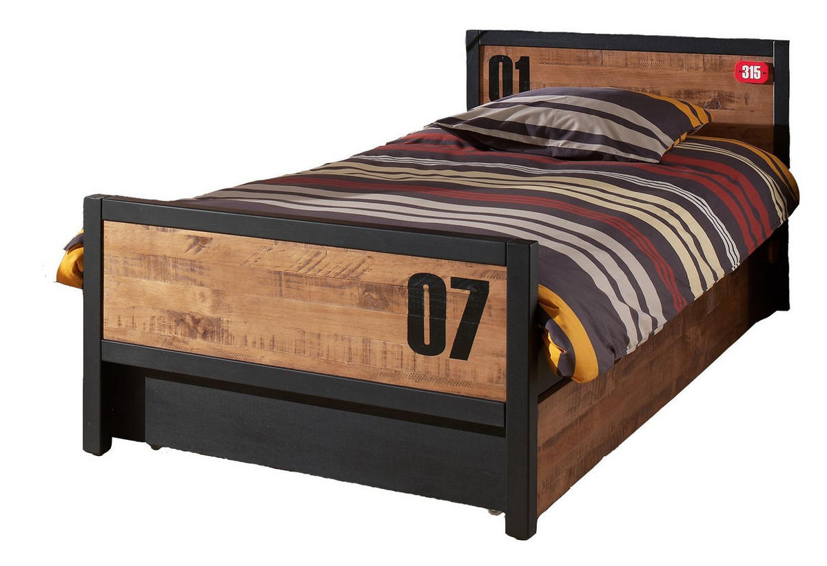 EINZELBETT Kameko 209x75x97 aus Massivholz+MDF in Schwarz/Natur - Cognac/Schwarz, Holz (90/200cm) - 58aufmkessel