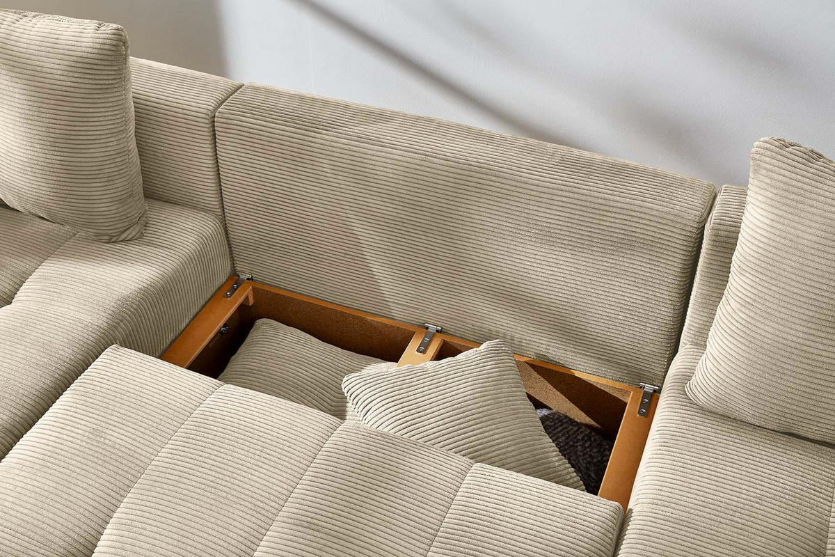 WOHNLANDSCHAFT mit Schlaffunktion und Bettkasten, spiegelverkehrt montierbar U-Form B313/T200/H92 cm, Cord Beige Grau / 15218 - Greige/Eichefarben, Holz/Textil (313/92/200cm) - luma-home