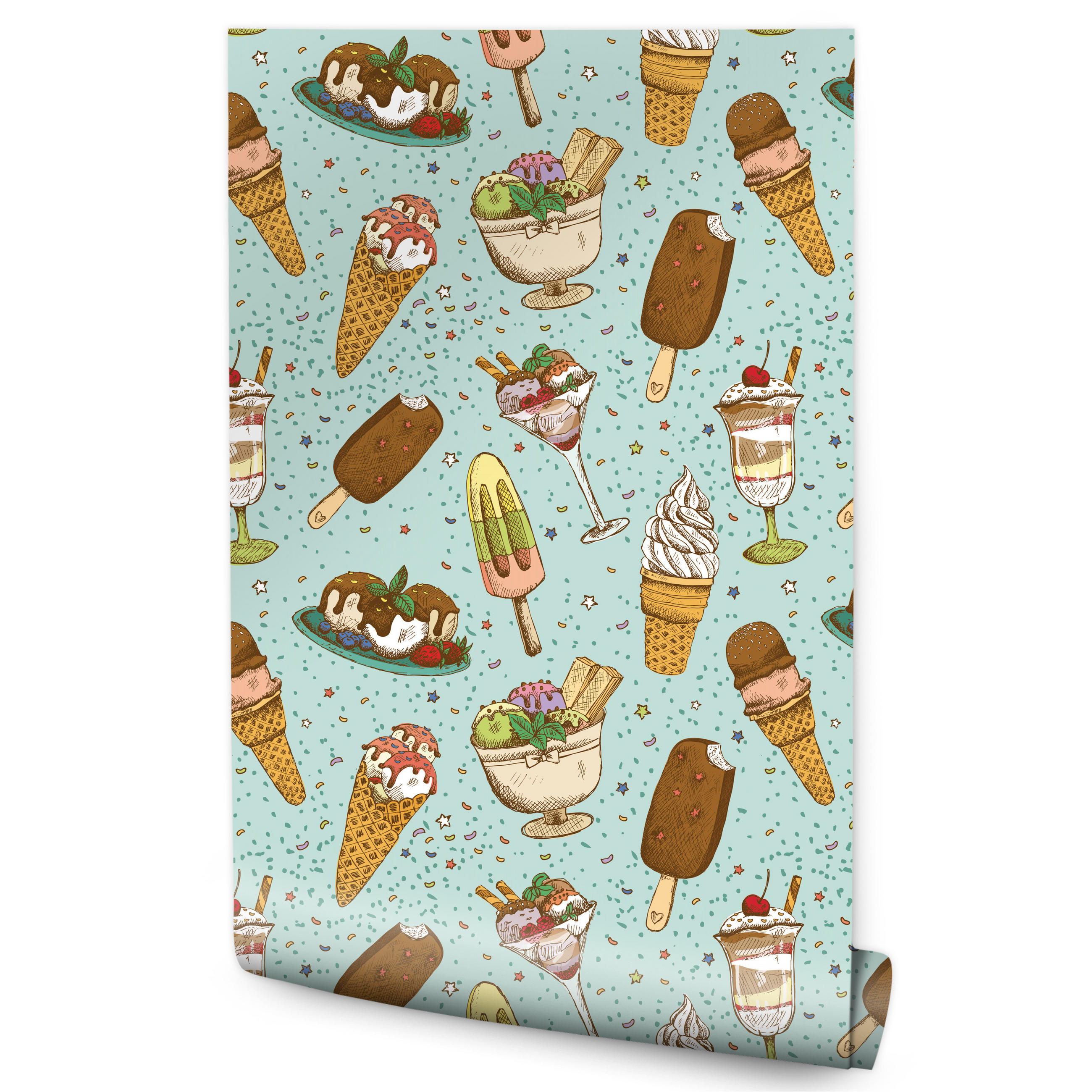 VLIESTAPETE Eiscreme und Süßigkeiten – Bunt, Türkis – 50x1000 cm - Türkis/Multicolor, Papier (50/1000cm) - Muralo