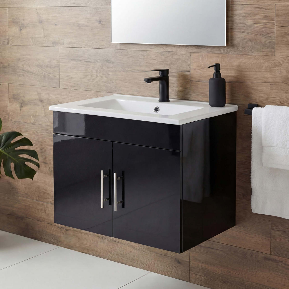 WASCHBECKEN + UNTERSCHRANK Hochglanz Schwarz - Schwarz Hochglanz, Holzwerkstoff (61/50/48cm) - MCW
