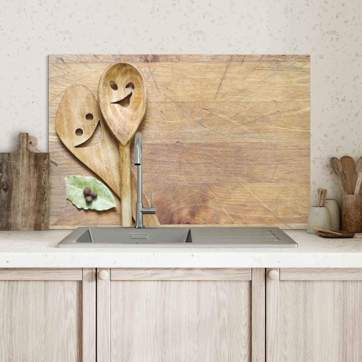 SPRITZSCHUTZ KÜCHE Holz - Löffel - Braun - Smiley 70x50 cm - Hellbraun, Metall (70/0.3/50cm) - MuchoWow