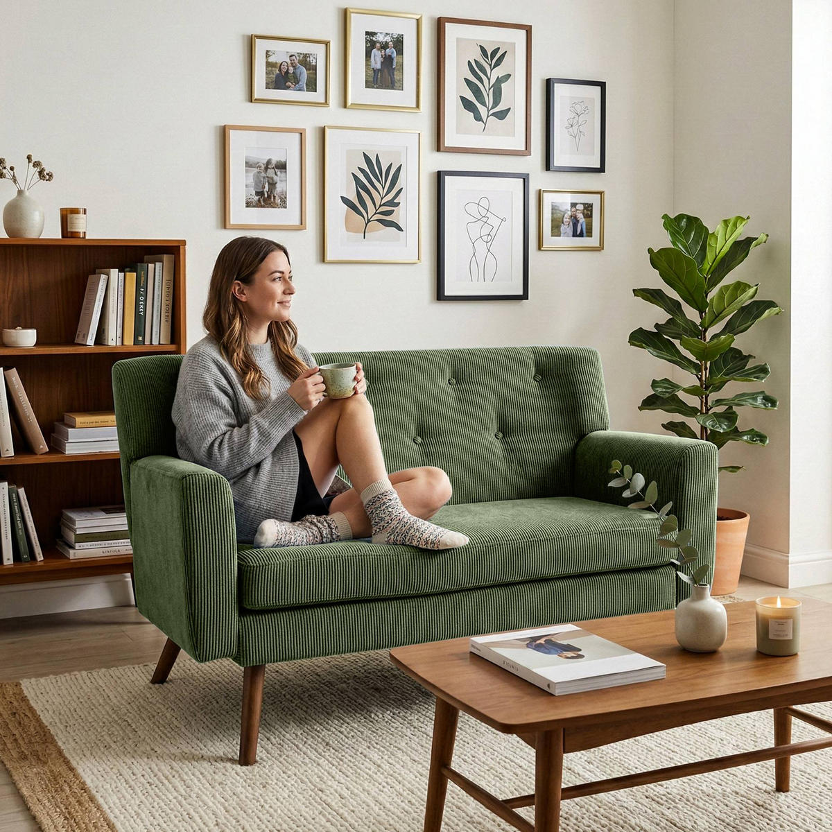 SOFA Arne Cord 2-Sitzer 120x74x81cm Cord Grün Couch - Grün, Kunststoff (120/81/74cm) - DELUKE