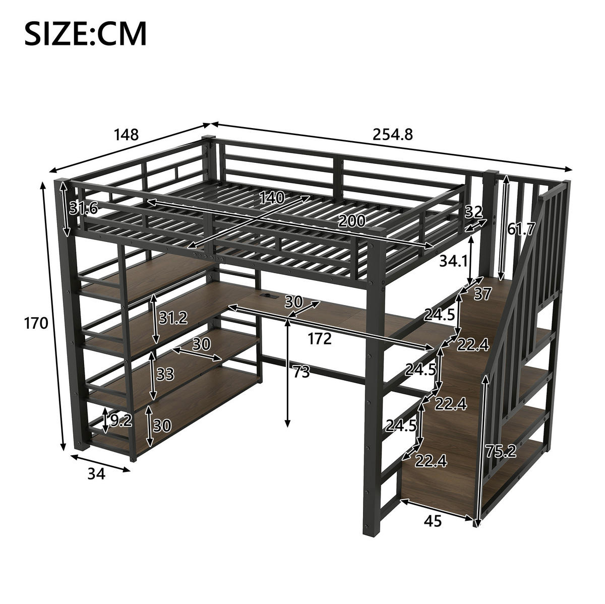 VYVÝŠENÁ posteľ 140/200 cm čierna z kovu a MDF s písacím stolom, schodmi, policami, LED osvetlením a USB - čierna, kompozitné drevo (140/200cm) - OKWISH