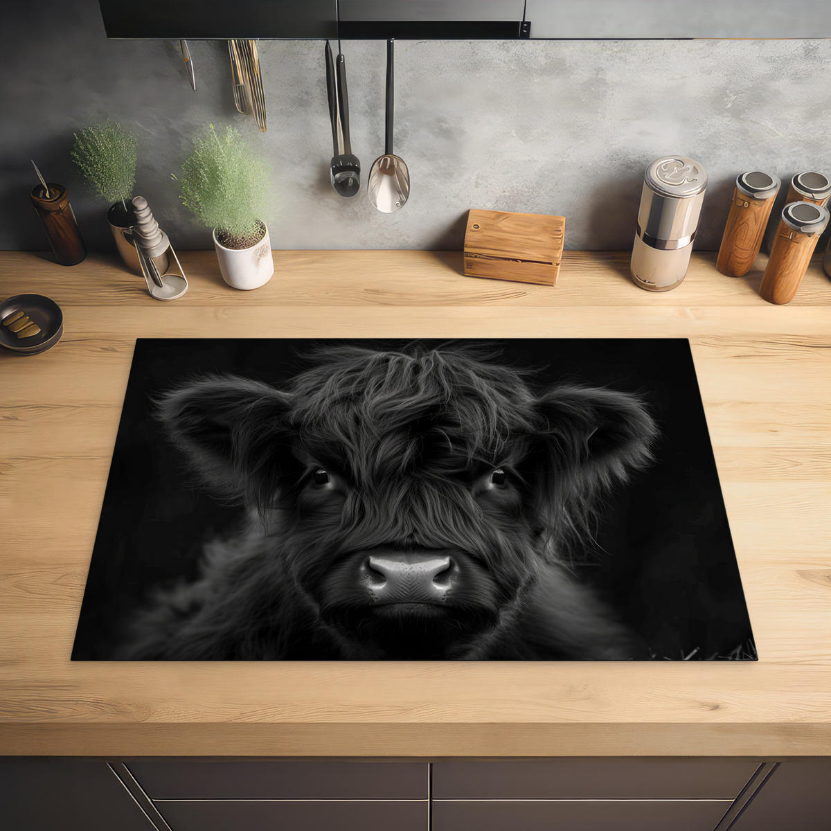 HERDABDECKPLATTE Scottish Highlander - Schwarz - Kalb - Kuh Induktionsmatte 77x51 cm - Schwarz, Kunststoff (77/51/0.2cm) - MuchoWow