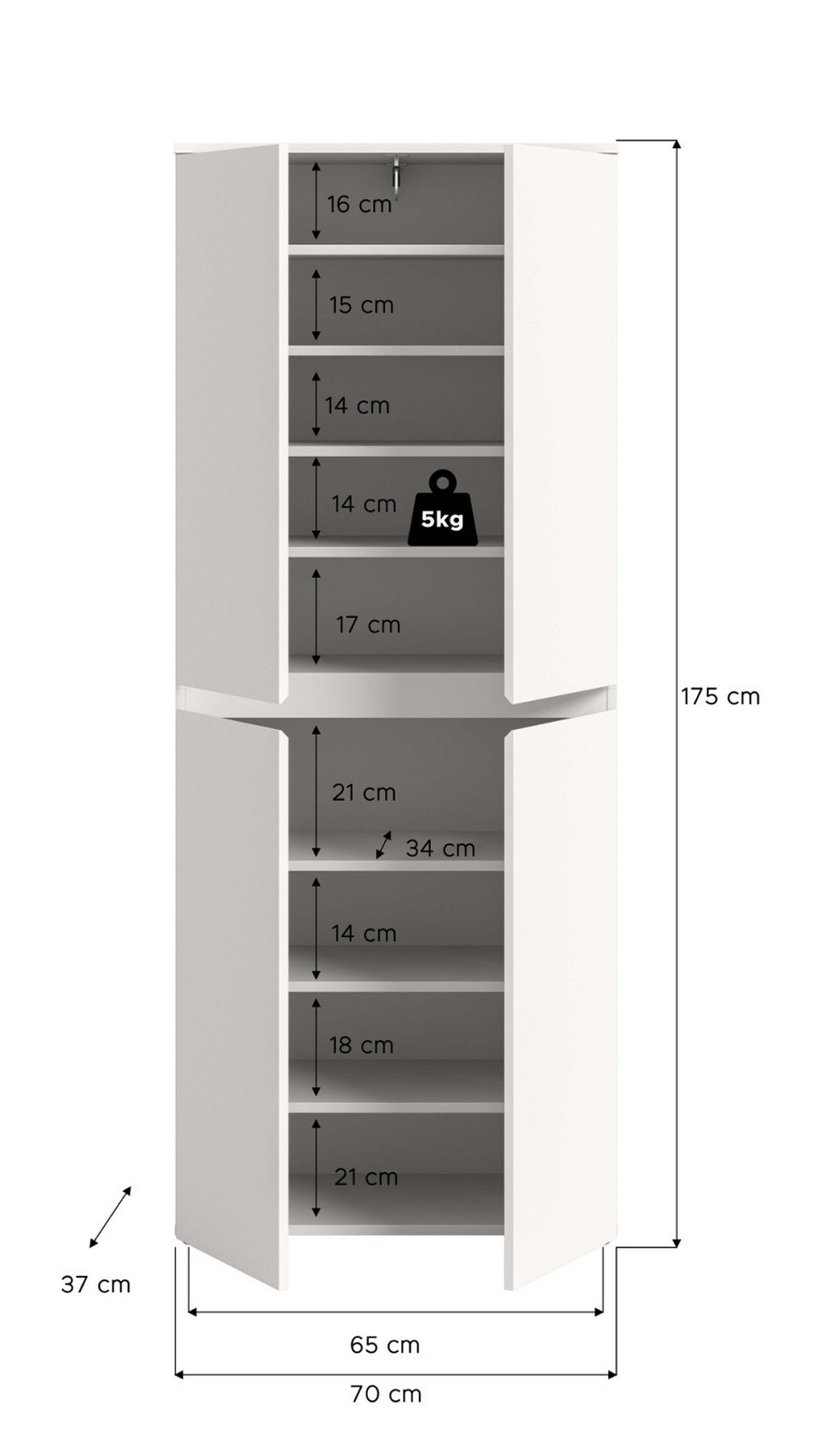 MEHRZWECKSCHRANK weiß 70 x 175 cm, Stauraumschrank 4-türig mit 9 Fächern - Schwarz/Weiß, Holzwerkstoff/Kunststoff (70/175/37cm) - Inn.Furn