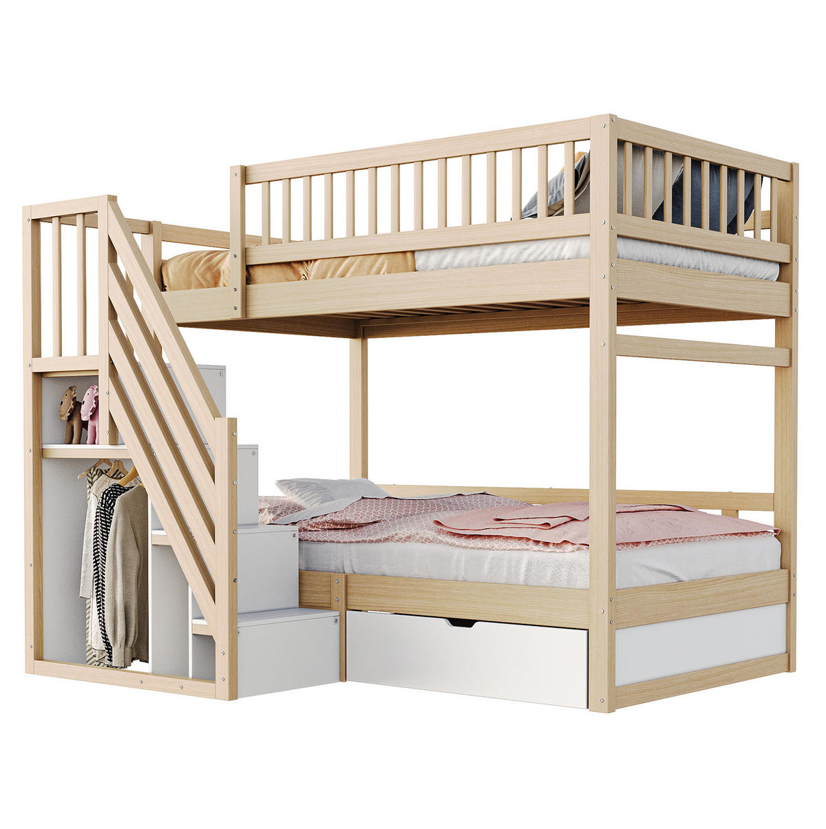 ETAGENBETT 90/200 cm aus Massivholz mit Stauraumtreppe und Schublade Naturfarben/Weiß - Naturfarben, Holz (90/200cm) - Modenvie