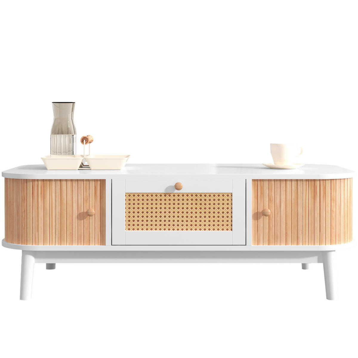 COUCHTISCH 110/55/38,5 cm in Weiß mit Rattan-Details und Stauraum - Weiß, Holzwerkstoff (110/55/38.5cm) - Flora Grace