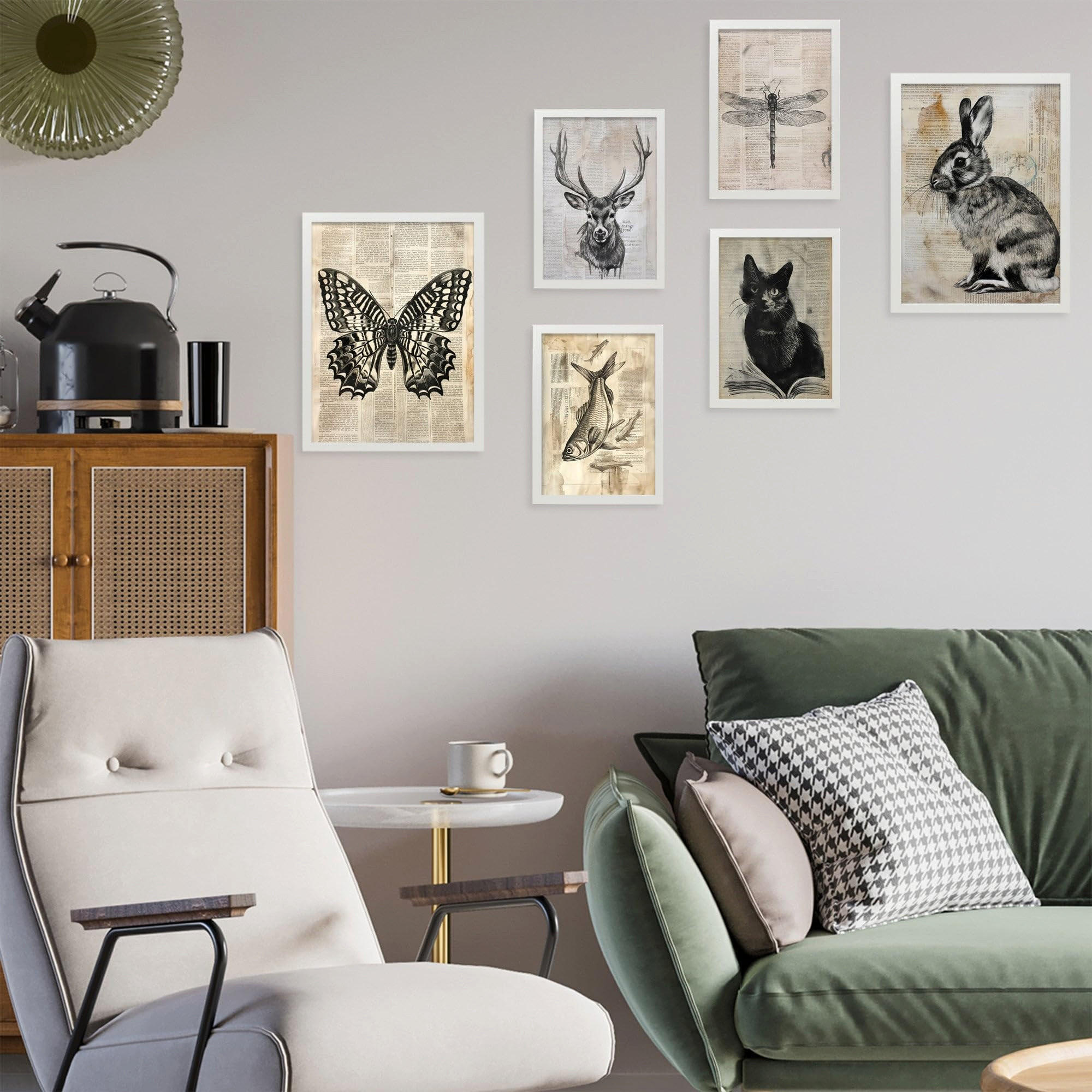 POSTER Set Mit 6 Vintage Tiere Schmetterling Hirsch Katze Fisch Kaninchenlibelle A3 & A4 Weißer Rahmen - Weiß, Papier (29/3cm) - Nacnic