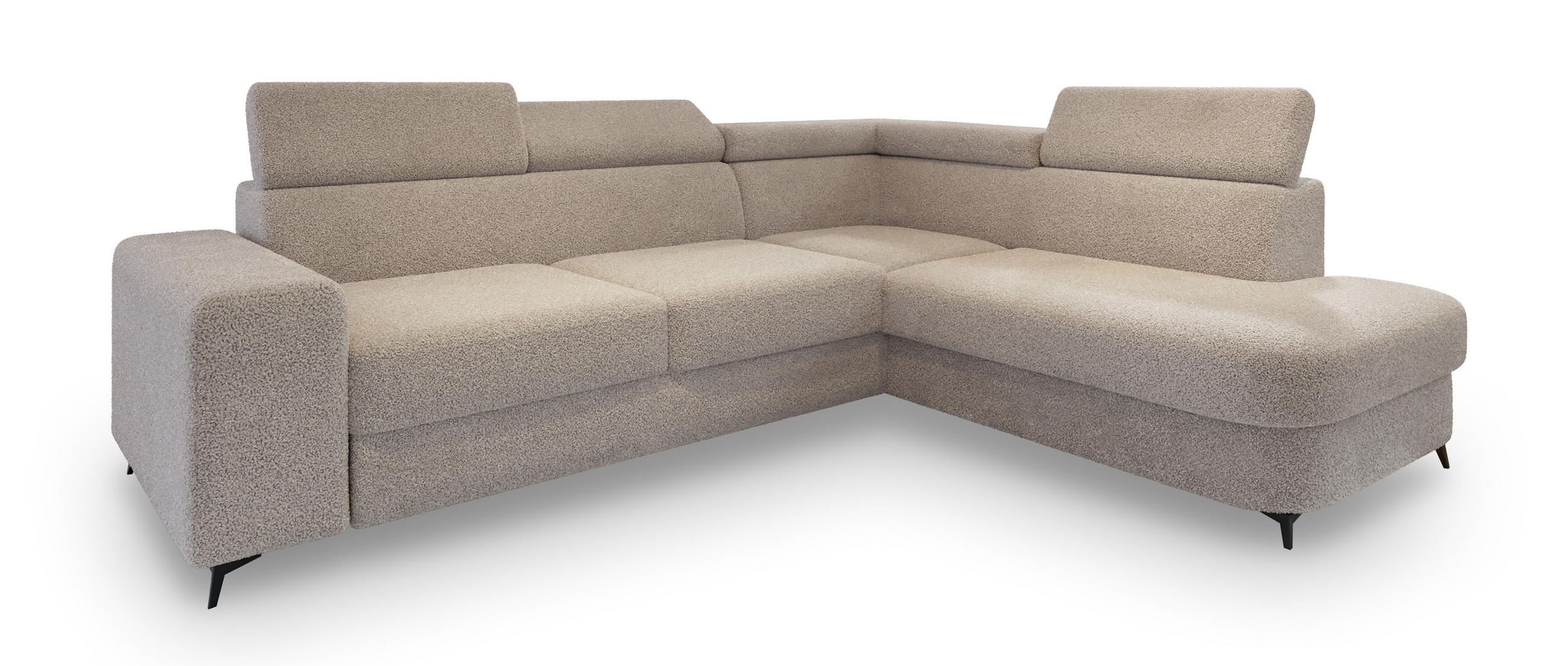 ECKSOFA ALVORO R-S Beige Boucle-Stoff mit Schlaffunktion - Beige, Holz (253/190cm) - MASSENO