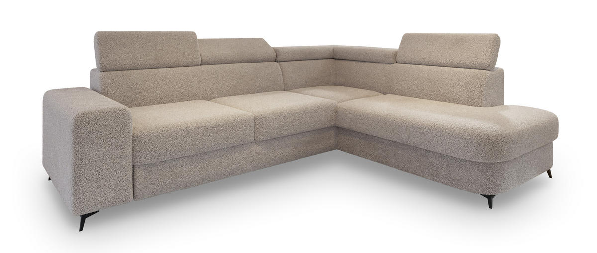 ECKSOFA ALVORO R-S Beige Boucle-Stoff mit Schlaffunktion - Beige, Holz (253/190cm) - MASSENO