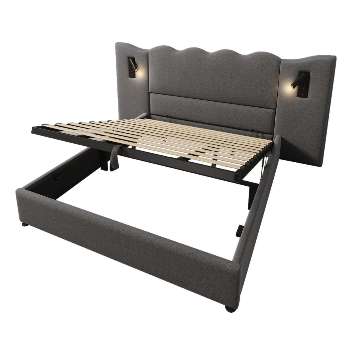 POLSTERBETT aus Leinen 180x200 cm in Grau mit Leselampe & USB-C-Ladefunktion - Grau, Textil (180/200cm) - Modfu