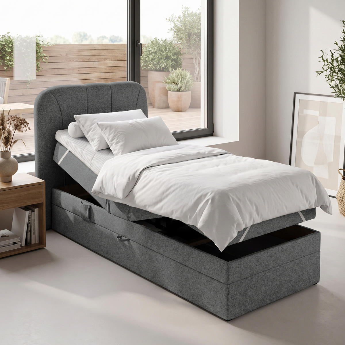 BOXSPRINGOVÁ POSTEL Romeo, jednolůžko s elektrickým polohováním matrace, 90x200 cm, tmavě šedá - tmavě šedá, textil (90/200cm) - Beautysofa