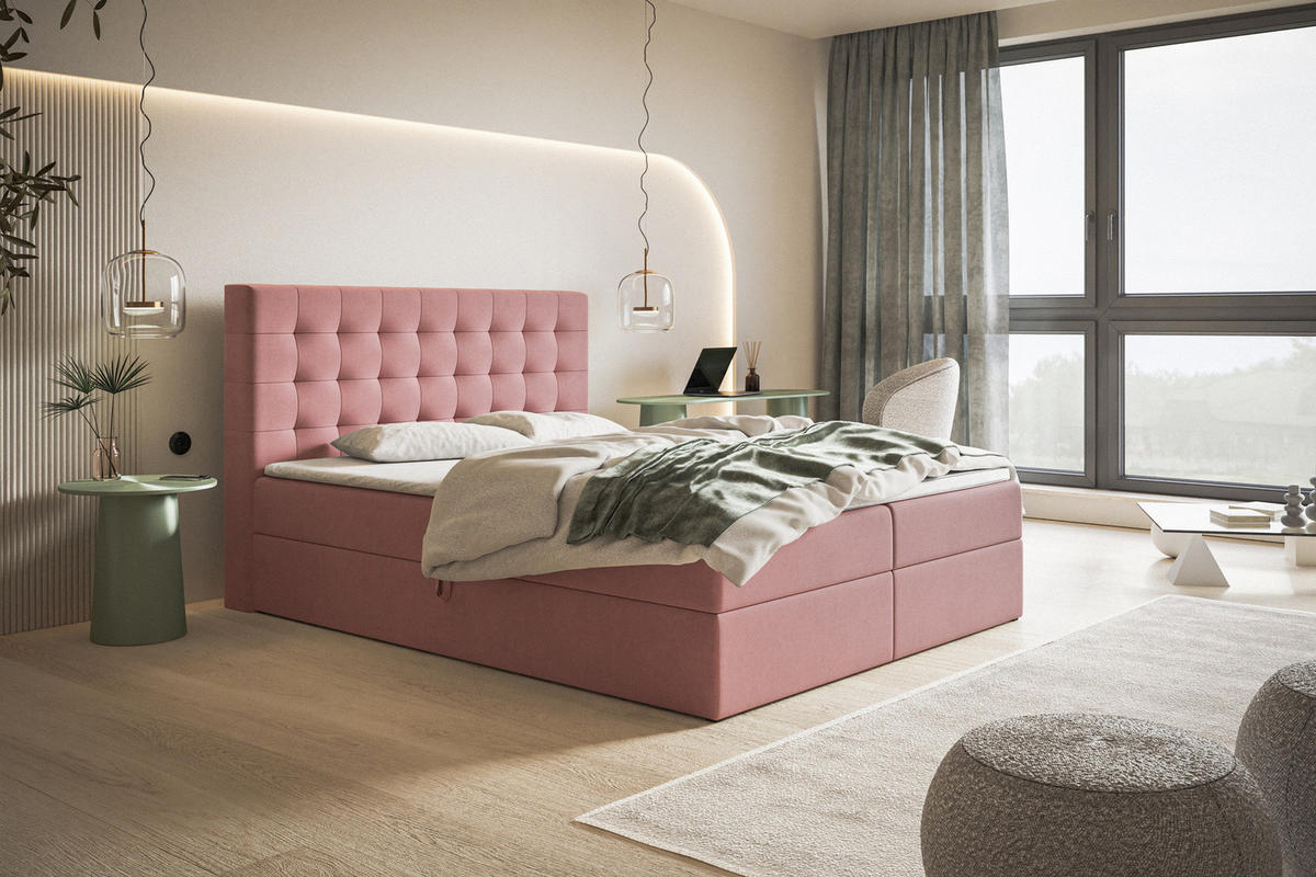 BOXSPRINGBETT 180x200 Jora mit Matratze H3, Bettkasten, Rosa - Pink, Holz/Textil (180/200cm) - Emporius
