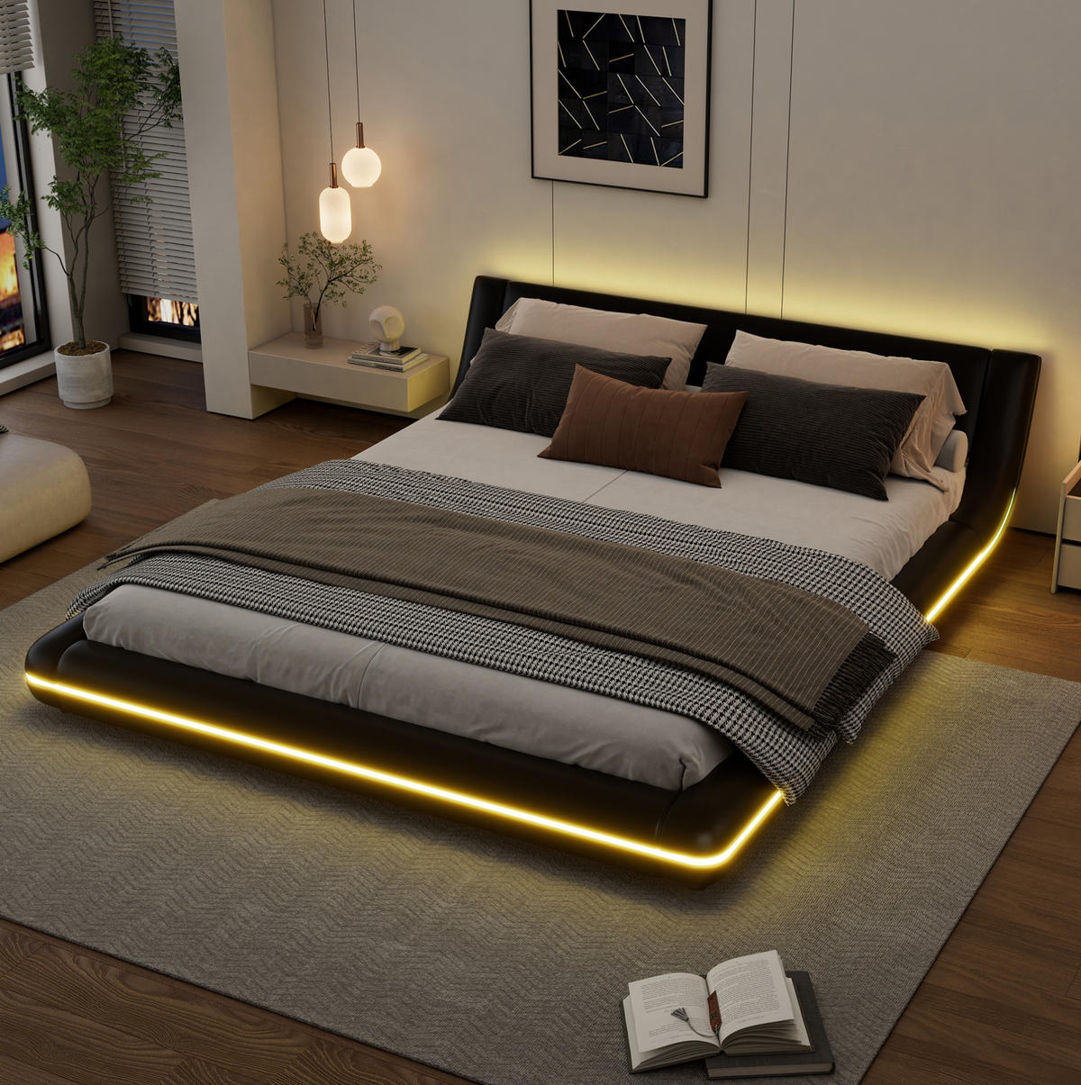BETT 160/200 cm aus PU in Schwarz – inkl. Lattenrost und LED-Beleuchtung - Schwarz, Kunststoff (160/200cm) - BEAOK