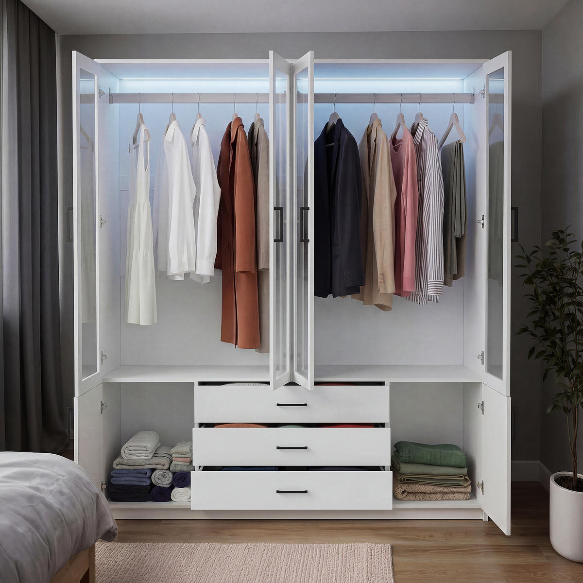 KLEIDERSCHRANK 4-türig Weiß mit Glastüren & LED-Licht - Weiß, Holzwerkstoff (51.8/182/160cm) - SHOPENTRA