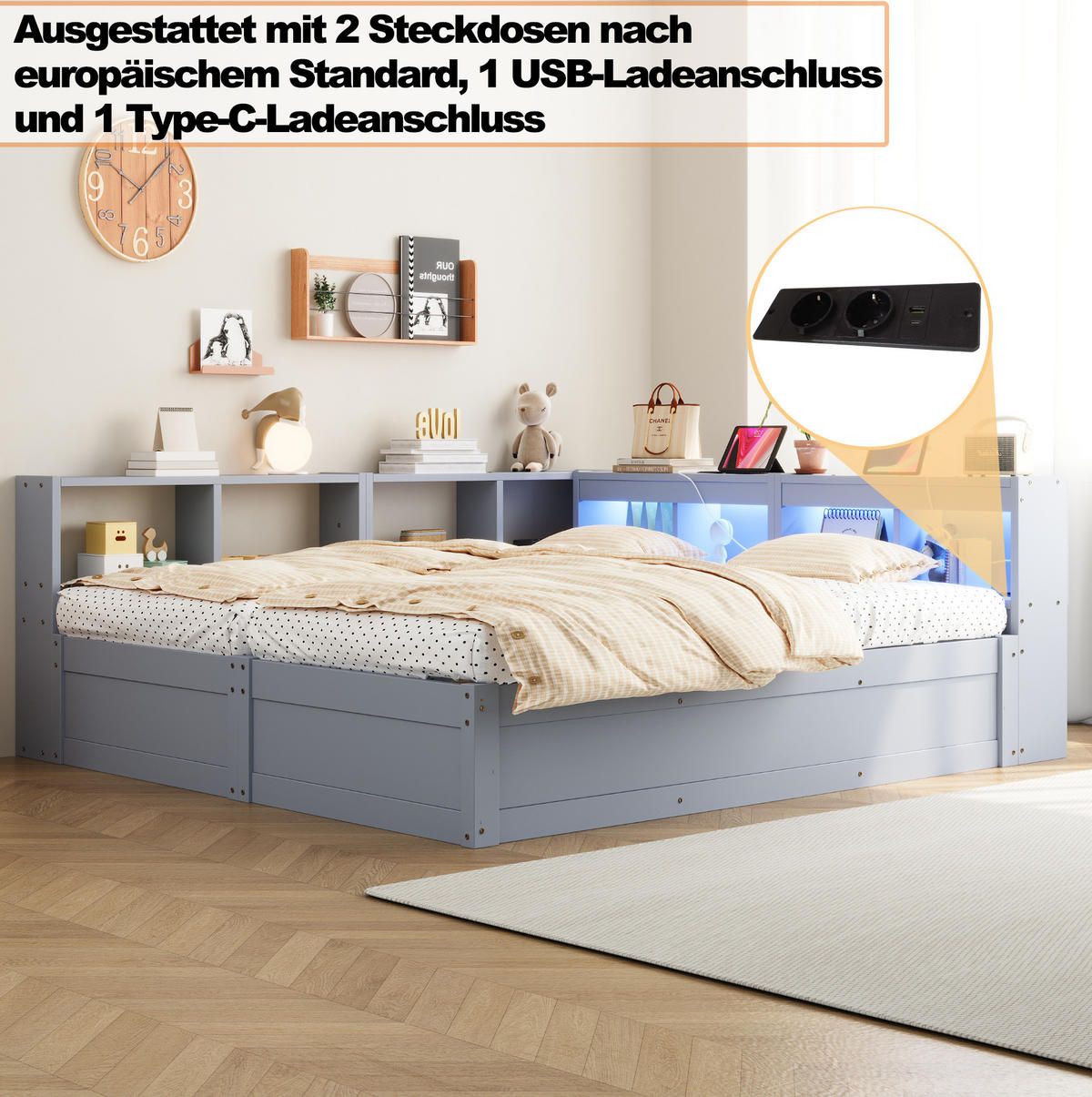 BETT 90/180/200 cm aus MDF mit LED-Lichtleiste, Grau - Grau, Holzwerkstoff (90/200cm) - OKMYHOME