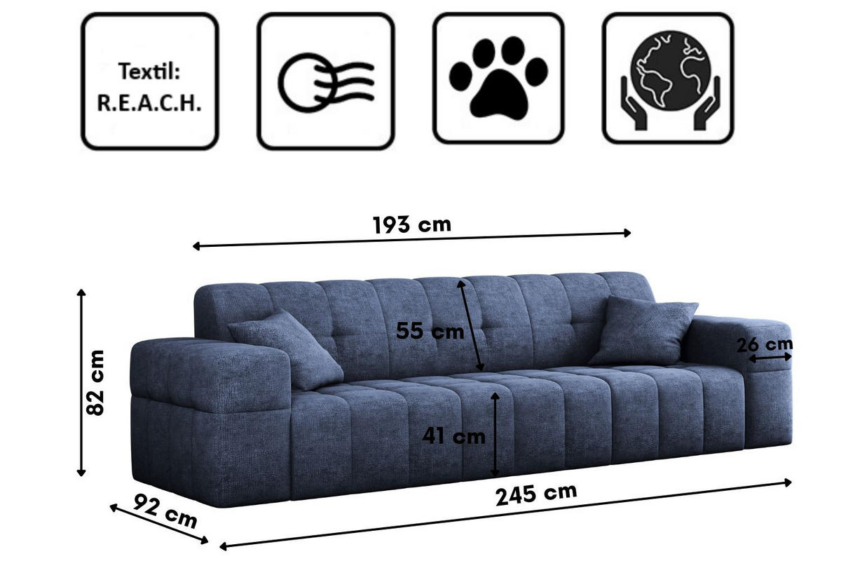 SOFA 3 Sitzer NIMES Stoff Perfect Harmony Dunkelblau - Dunkelblau, Holz (245/82/92cm) - Kaiser Möbel