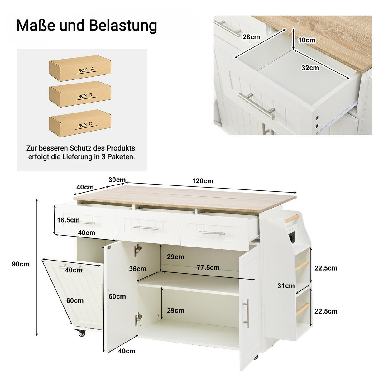 KÜCHENINSEL auf Rollen mit Abfallfach und Steckdosen - Weiß, Holzwerkstoff (120/90/40cm)