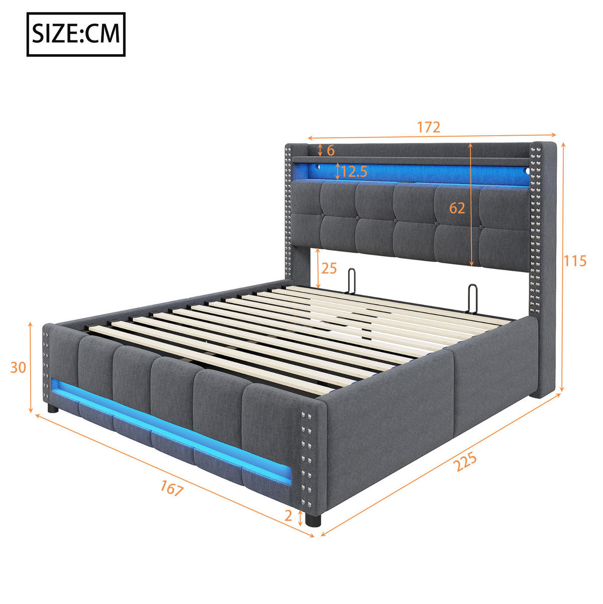 POLSTERBETT 160/200 cm mit Bettkasten, LED-Beleuchtung und USB in Grau - Grau, Textil (160/200cm) - BEAOK