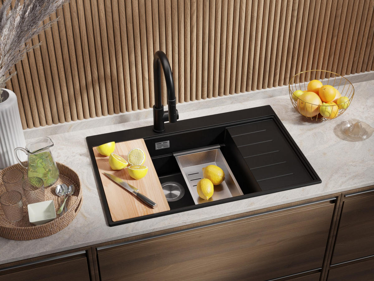 GRANITSPÜLE Sydney, 2-er set Schwarz 78/50 cm 1 Becken + Küchenarmatur 40/20 cm + Ablauf-Set + Küchenzubehörset ab 60er Unterschrank - Chromfarben/Beige, Kunststoff (78/20/50cm) - Primagran