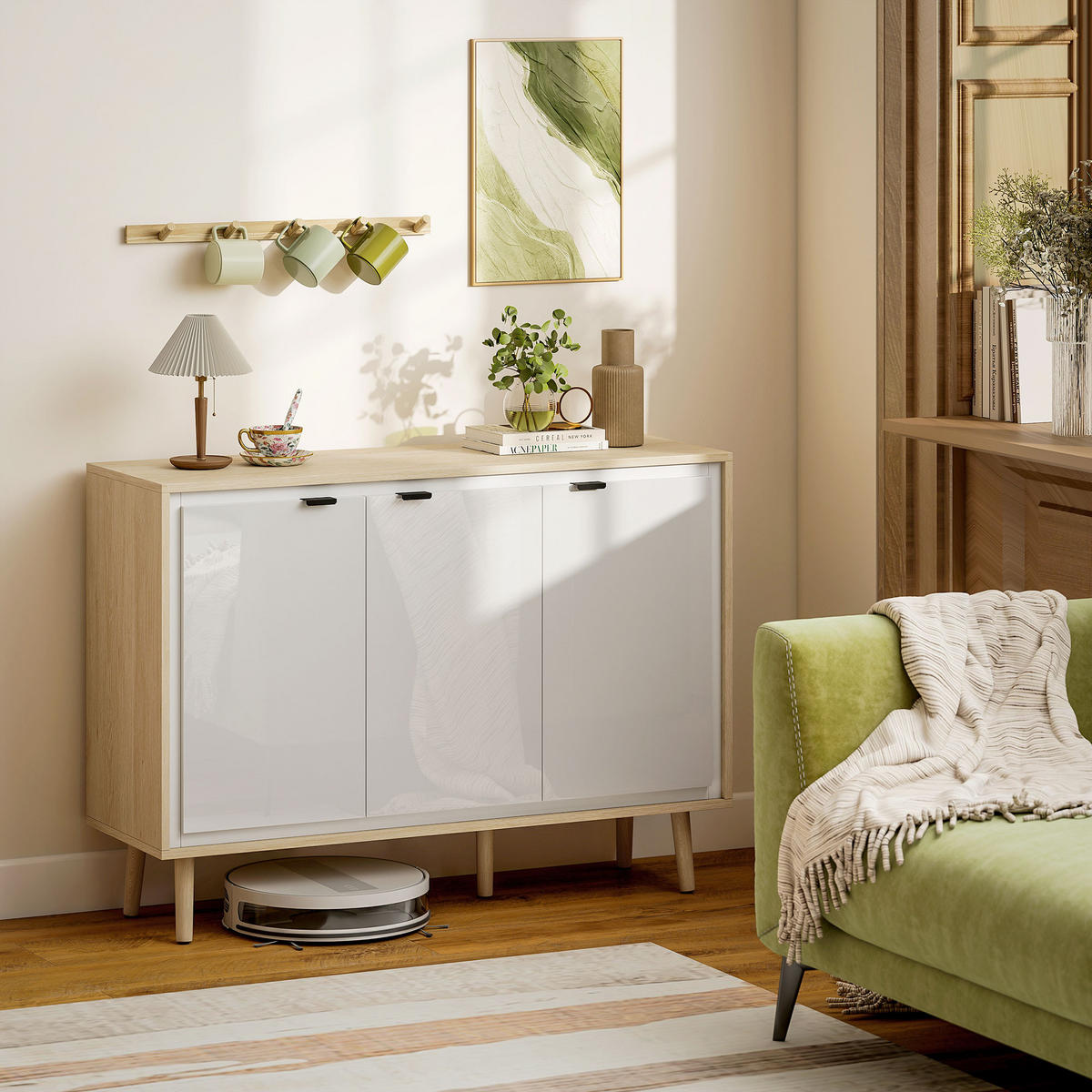 SIDEBOARD DE-11236 3 Türen & verstellbare Böden Weiß/Eiche - Weiß, Holzwerkstoff (107/77/35cm) - ComfortXL