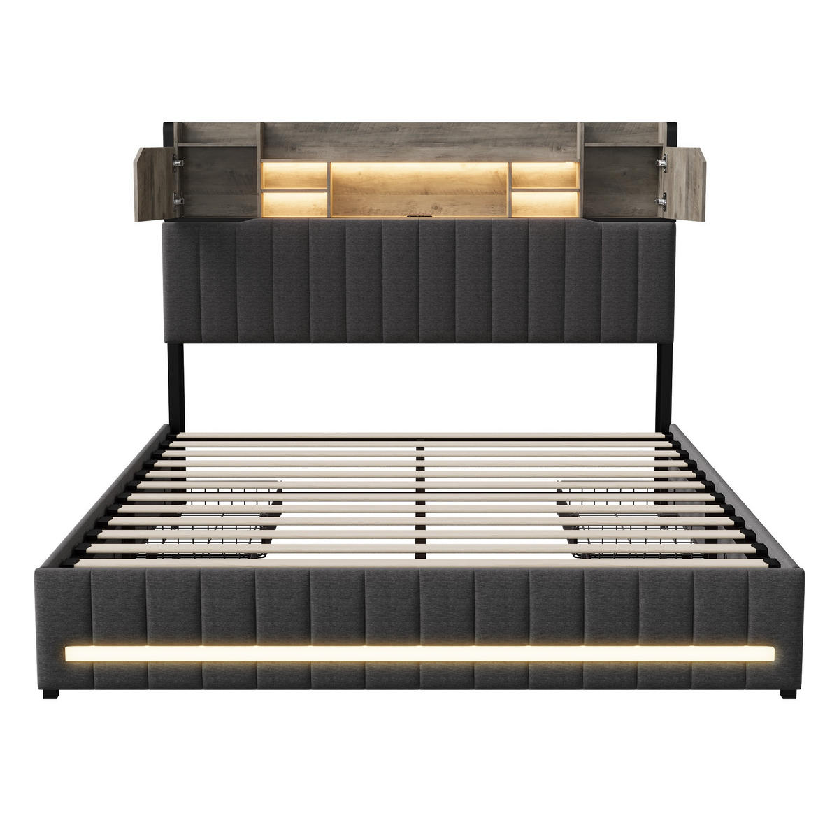 STAURAUMBETT 140/200 cm aus Leinen, mit 4 Schubladen, LED, Grey - Grau, Holzwerkstoff (140/200cm) - Brevoria